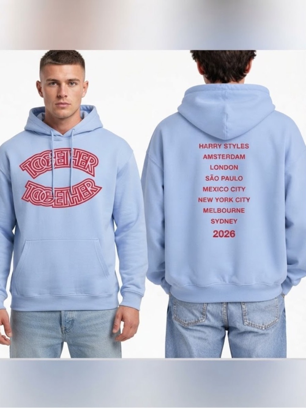 Gildan Light Blue Harry Styles Hoodie,'Together' Graphic and Tour Cities